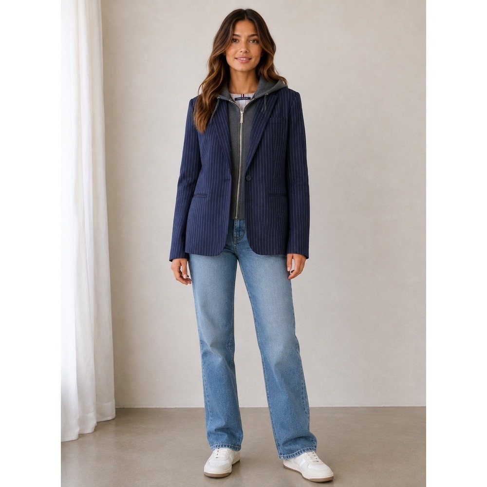 Tommy Hilfiger Navy Pinstripe Blazer Removable Hoodie Insert Size 16 Preppy